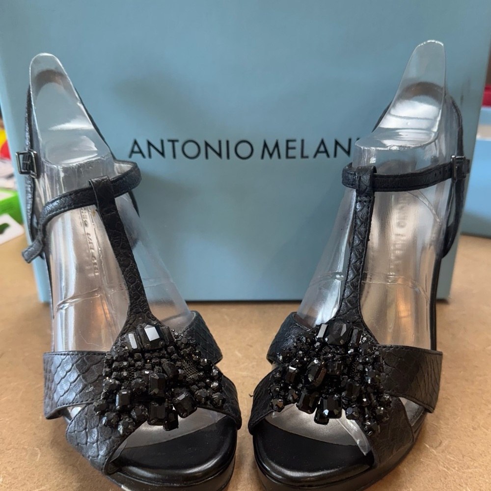 ANTONIO MELANI Black Beaded T-Strap Heels